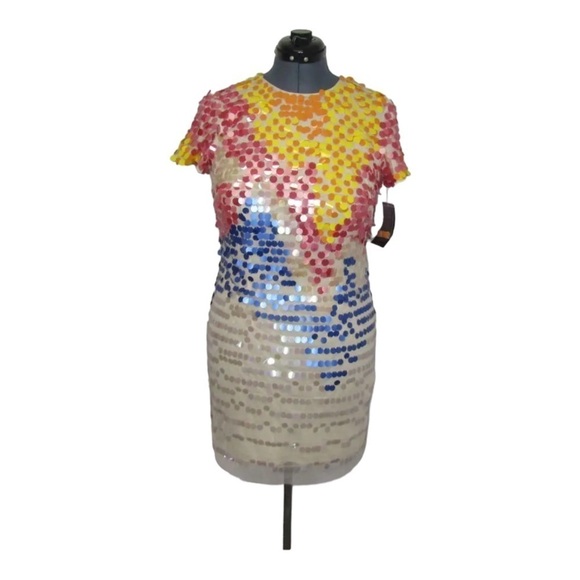 NWT AIDAN MATTOX Short Sleeve Beaded Sequin Mini Sheath Dress Multicolor Size 8 - Picture 10 of 13